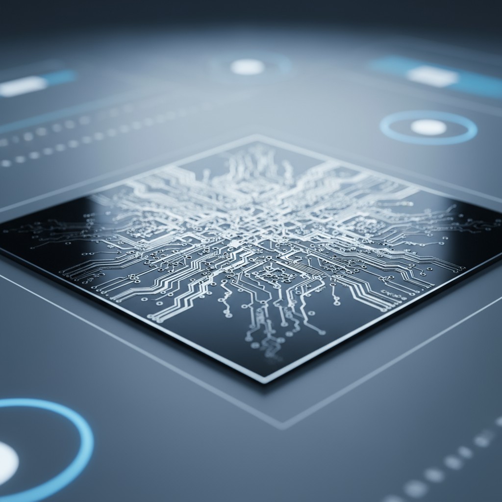 A close-up image of a square, dark printed circuit board with intricate white circuitry at its center.
