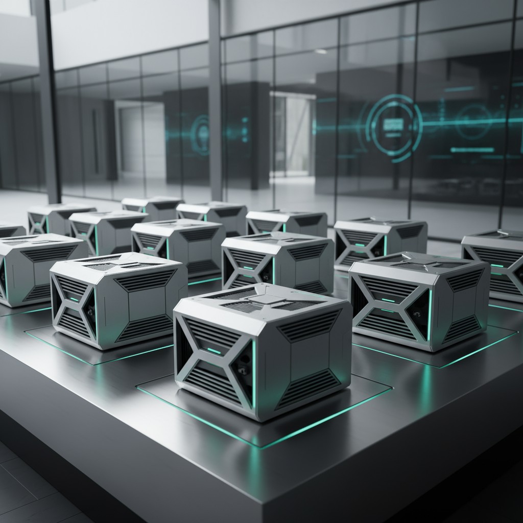 A room with a grid of futuristic silver and black computer servers surrounded by teal lights, set against a high tech back...